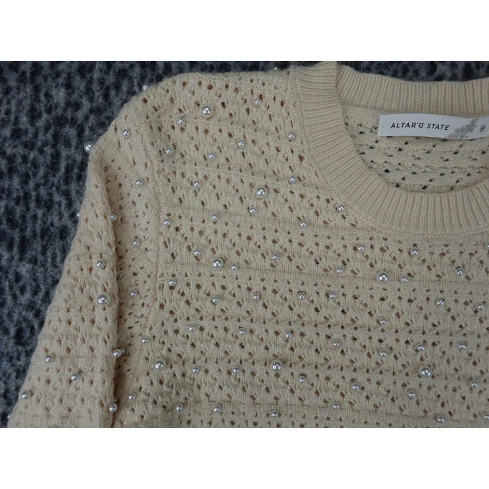 Altar'd‎ State Sweater Womens Medium Cream Pearl Pointelle Cropped Knit - Picture 2 of 11